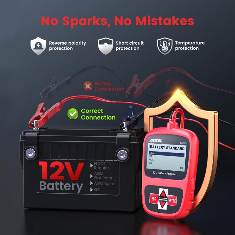 Ancel BST200 Car Battery Tester 12V Battery Load Tester, 100-1100 CCA Automotive Digital Analyzer Tool with Upgraded Reinforced Clamps for Car Truck SUV Motorcycle Boat Marine Vehicles - Image 4